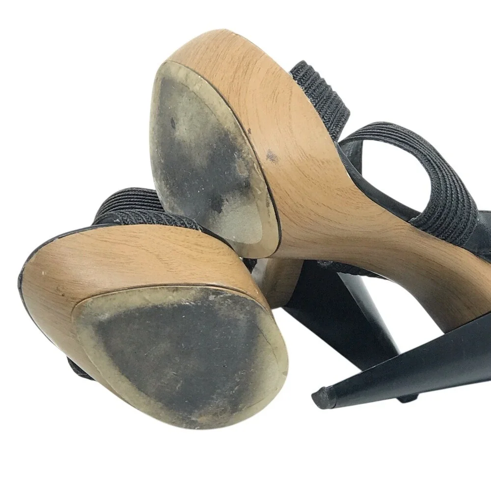 BEBE BLACK & TAN WOODEN PLATFORM‎ SANDAL HIGH HEEL